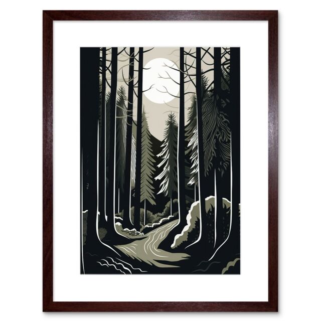 "Artery8 Wall Art Print Full Moon Night at Pine Forest Landscape Linocut Artwork Framed 9X7 Inch in Brown - Size: W7"" x H9""" - image 1