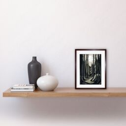 "Artery8 Wall Art Print Full Moon Night at Pine Forest Landscape Linocut Artwork Framed 9X7 Inch in Brown - Size: W7"" x H9""" - thumbnail 2