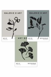 ARTZE Set of 3 Minimalist Sketch Leaves Flowers Grey Blue Green Art Posters - Size: W59 cm x H84 cm - thumbnail 1
