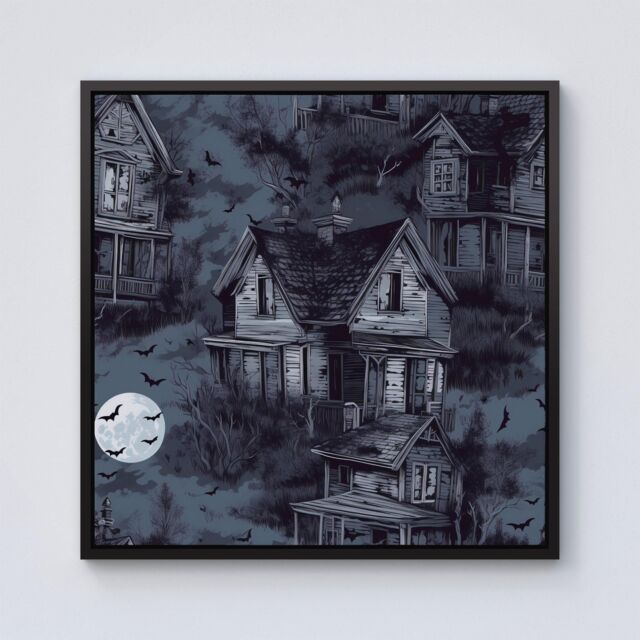 "Warren Reed - Designer Spooky Shadowy Haunted House Framed Canvas in Black - Size: W30"" x H30""" - image 1