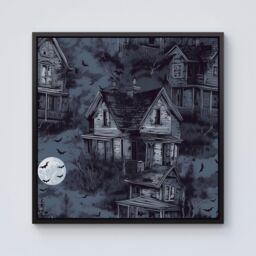 "Warren Reed - Designer Spooky Shadowy Haunted House Framed Canvas in Black - Size: W30"" x H30""" - thumbnail 1