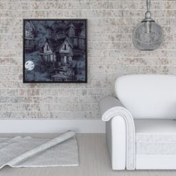 "Warren Reed - Designer Spooky Shadowy Haunted House Framed Canvas in Black - Size: W30"" x H30""" - thumbnail 2