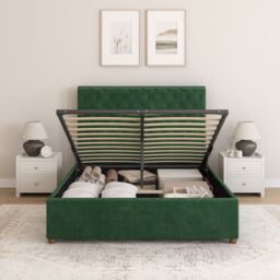 Aspire Taylor Ottoman Storage Bed Frame in Plush Velvet Fabric in Green - Size: Super King - thumbnail 5