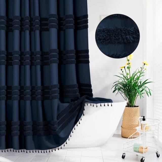 INHOUSOLU HOME DECOR Blue Bathroom Shower Curtain 72x72in Boho Tufted Textured Striped Tassel - image 1