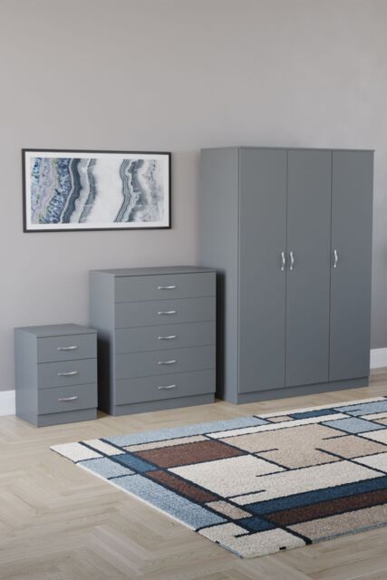 Home Discount Riano 3Pc Bedroom Set - 3 Drawer Bedside, 5 Drawer Chest & Wardrobe in Grey - image 1