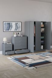 Home Discount Riano 3Pc Bedroom Set - 3 Drawer Bedside, 5 Drawer Chest & Wardrobe in Grey - thumbnail 2