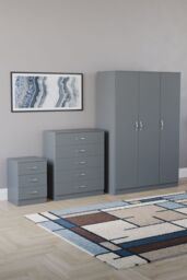 Home Discount Riano 3Pc Bedroom Set - 3 Drawer Bedside, 5 Drawer Chest & Wardrobe in Grey - thumbnail 1