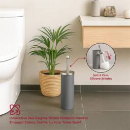 VOGREX Grey Stainless Steel Toilet Brush Set Matt Holder Cup - thumbnail 4