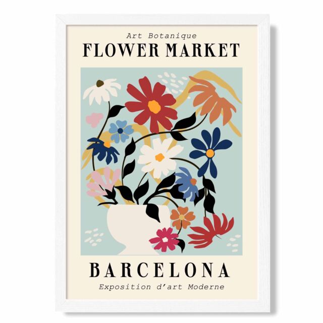 ARTZE Barcelona Blue & Pink Flower Market Exhibition Framed Print SIZE: A4 with White Frame in Mid Blue - image 1