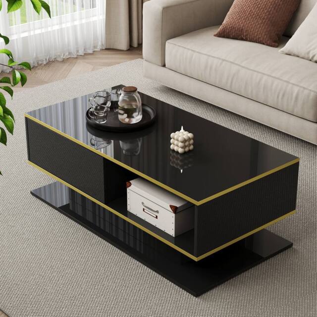 Merax 100cm High-Gloss Coffee Table with Gold Accents, 3 Drawers & LED in Black - image 1