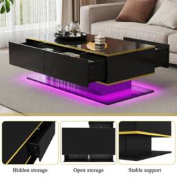 Merax 100cm High-Gloss Coffee Table with Gold Accents, 3 Drawers & LED in Black - thumbnail 3