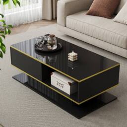 Merax 100cm High-Gloss Coffee Table with Gold Accents, 3 Drawers & LED in Black - thumbnail 1