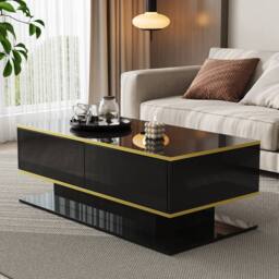 Merax 100cm High-Gloss Coffee Table with Gold Accents, 3 Drawers & LED in Black - thumbnail 2