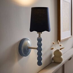 ValueLights Bobbins Pair of Blue Wall Lights & Navy Blue Linen Trim Lamp Shades in Pale Blue - thumbnail 2