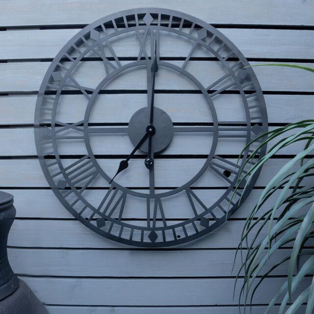 "mysmartbuy Black Open Face 24"" Roman Numeral Indoor or Outdoor Clock - Battery Powered Metal Wall Fence Clock for Home or Garden - 60cm Dia" - image 1