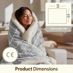 Keplin Large Electric Heated Throw Blanket, Fleece Wool Duvet, 9 Heat Setting in Light Grey - thumbnail 2