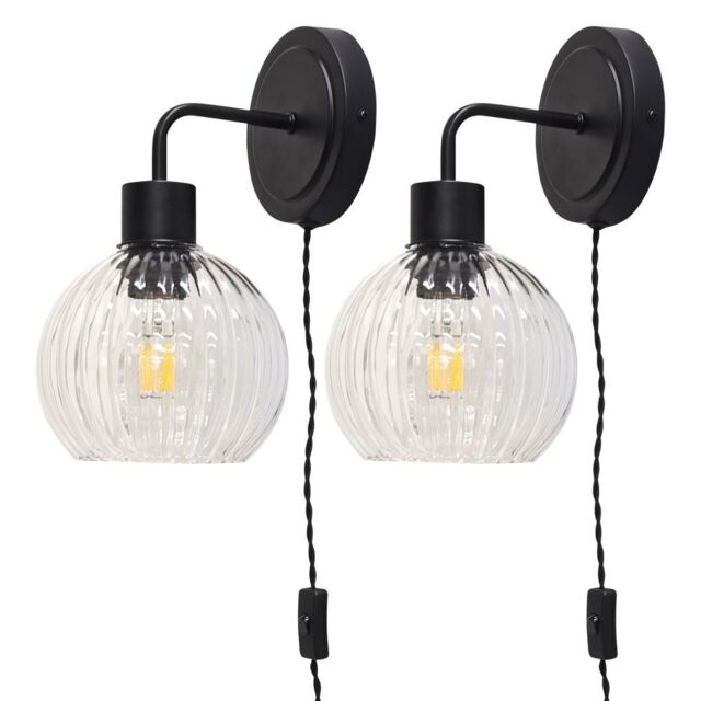 First Choice Lighting Set of 2 Toby - Black Plug in Wall Lights Clear Ribbed Shades - image 1