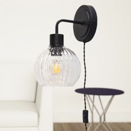 First Choice Lighting Set of 2 Toby - Black Plug in Wall Lights Clear Ribbed Shades - thumbnail 5