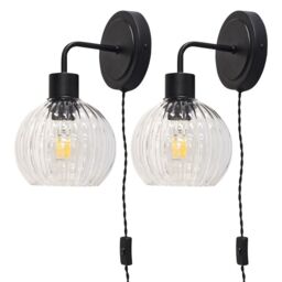 First Choice Lighting Set of 2 Toby - Black Plug in Wall Lights Clear Ribbed Shades - thumbnail 1
