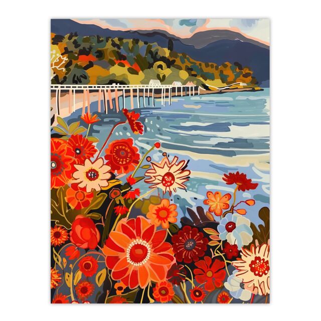 "Artery8 Dunoon Pier Floral Scottish Seaside Spring Wall Art Print in Orange - Size: W18"" x H24""" - image 1