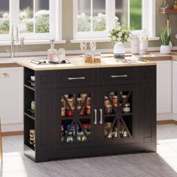 Merax Mobile Kitchen Island Trolley with Foldable Tabletop, Storage Cabinet in Black - thumbnail 1