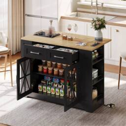Merax Mobile Kitchen Island Trolley with Foldable Tabletop, Storage Cabinet in Black - thumbnail 2