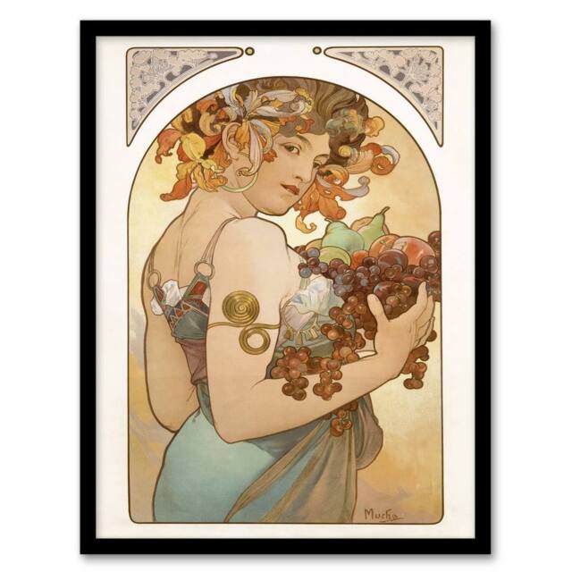 Artery8 Alphonse Mucha Framed Wall Art Print Woman With Fruit Art Nouveau - Size: A4 - image 1