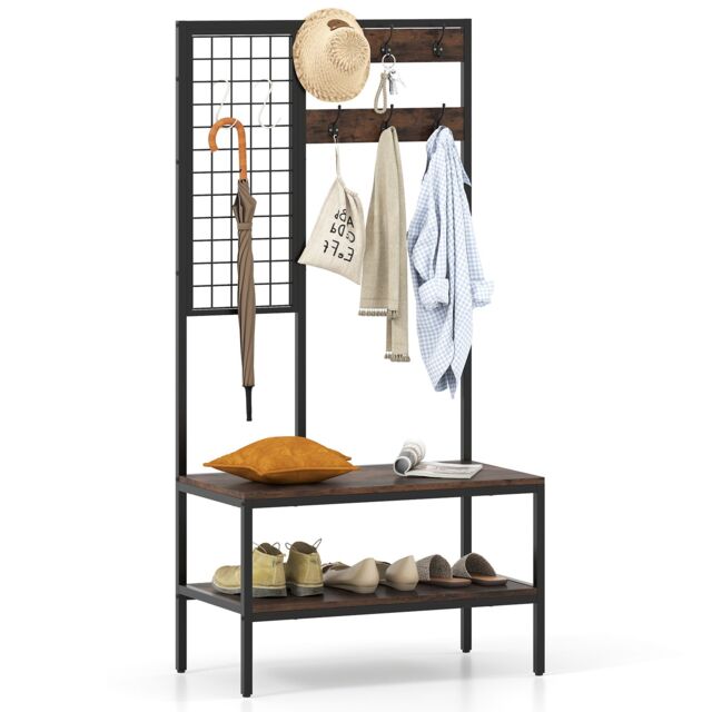 Gymax Industrial Coat Rack With Shoe Bench & Wall Grid Panel For Entry Way in Brown - image 1