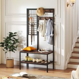 Gymax Industrial Coat Rack With Shoe Bench & Wall Grid Panel For Entry Way in Brown - thumbnail 5