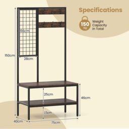 Gymax Industrial Coat Rack With Shoe Bench & Wall Grid Panel For Entry Way in Brown - thumbnail 2