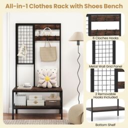 Gymax Industrial Coat Rack With Shoe Bench & Wall Grid Panel For Entry Way in Brown - thumbnail 7