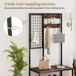 Gymax Industrial Coat Rack With Shoe Bench & Wall Grid Panel For Entry Way in Brown - thumbnail 9