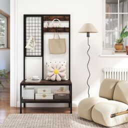 Gymax Industrial Coat Rack With Shoe Bench & Wall Grid Panel For Entry Way in Brown - thumbnail 4