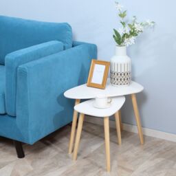 HOMCOM Side Table Set of 2 Nested Coffee Table with Solid Wood Legs in White - thumbnail 1
