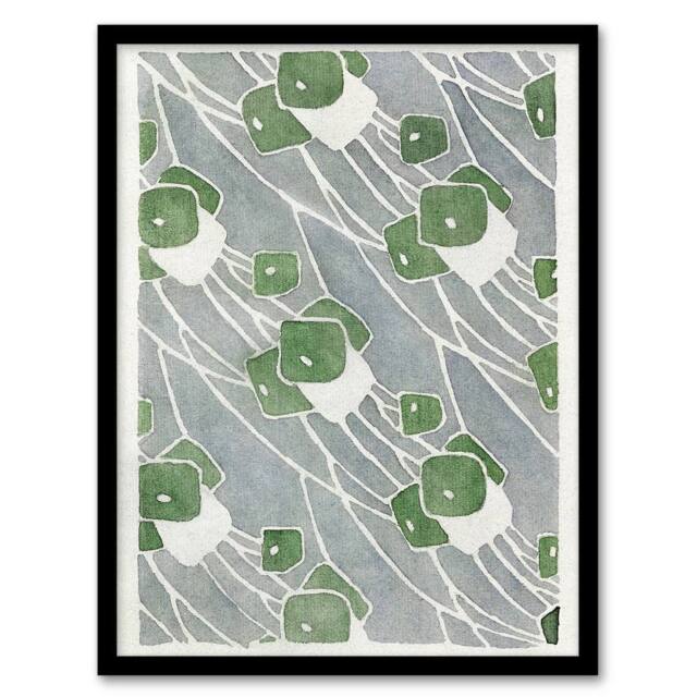 Artery8 Green Geometric Pattern Vintage Framed Wall Art Print Overbeck in Grey - Size: A4 - image 1