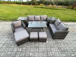 Fimous 9 PCS Outdoor Lounge Sofa Set Wicker PE Rattan Garden Furniture Set with Rectangular Dining Table Armchair 3 Footstools Dark Grey Mixed - thumbnail 2