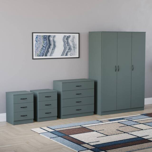 HD Designs 4Pc Bedroom Set 2x3Drawer Bedside, 4Drawer, 3 Dr Wardrobe in Green - image 1