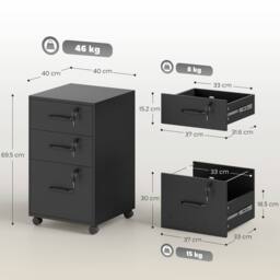 HOMCOM 3 Drawer File Cabinet Rolling Filing Cabinet for A4 & Letter in Black - thumbnail 3