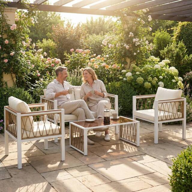 OUTSUNNY 4 Seater Rattan Garden Furniture Set with Metal Frame, Cream White - image 1