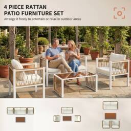 OUTSUNNY 4 Seater Rattan Garden Furniture Set with Metal Frame, Cream White - thumbnail 4