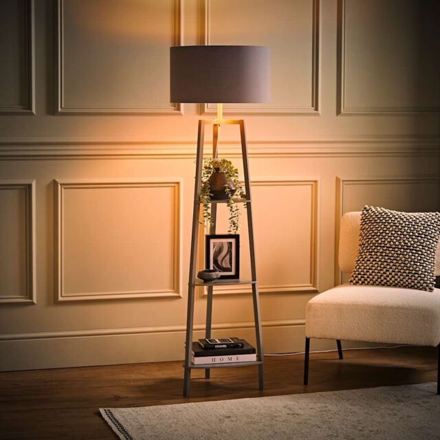 ValueLights Hiru Grey 3 Tier Shelf Floor Lamp with Grey & Copper Shade & Bulb - image 1