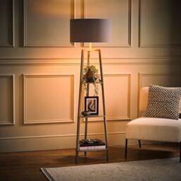 ValueLights Hiru Grey 3 Tier Shelf Floor Lamp with Grey & Copper Shade & Bulb - thumbnail 1