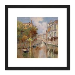 Artery8 Reyna Manescau View Canal Venice Bridge Painting 8X8 Inch Square Wooden Framed Wall Art Print Picture with Mount in Black - thumbnail 1