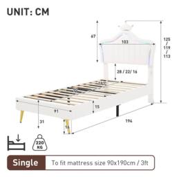 Matteo 3ft Single Upholstered Bed - LED Crown Headboard - PU Leather Frame in Cream - thumbnail 8