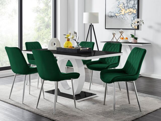 FurnitureboxUK Giovani Rectangular 6 Seat White High Gloss Unique Halo Base Dining Table Black Glass Top 6 Soft Velvet Silver Leg Pesaro Chairs - image 1