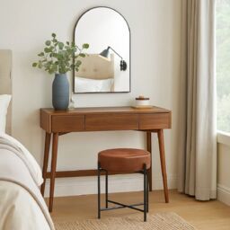 EONLION Brown Faux Leather Stool, Round Padded Seat with Metal Legs - thumbnail 2
