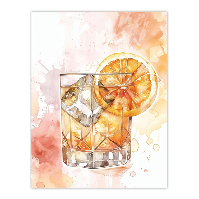 "Artery8 Classic Old Fashioned Cocktail Orange Watercolour Wall Art Print - Size: W24"" x H32""" - image 1
