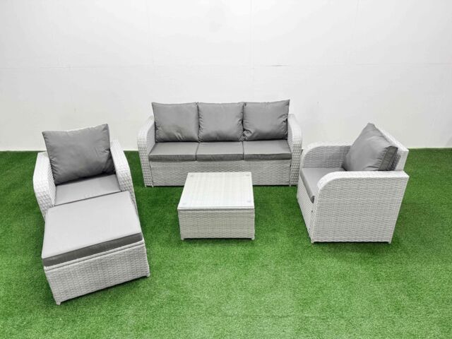Fimous PE Rattan Garden Furniture Set Reclining Chair Sofa Lounge Sofa Set Square Coffee Table Big Footstool Light Grey - image 1
