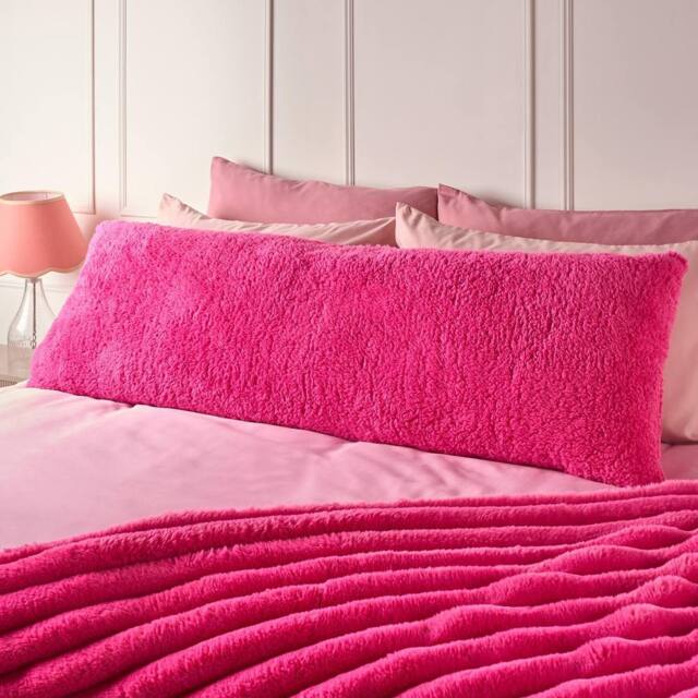 OHS Long Bolster Pillow Teddy Fleece Body Neck Pregnancy Support Cushion in Bright Pink - image 1