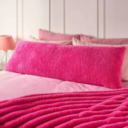 OHS Long Bolster Pillow Teddy Fleece Body Neck Pregnancy Support Cushion in Bright Pink